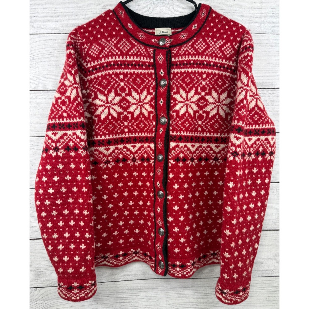 LL‎ Bean Womens Red Fair Isle Lambswool Cardigan Sweater Snowflake 258838 M-REG